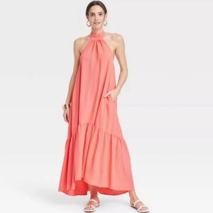 Women's Halter Hi-Lo Midi Dress - A New Day Tiered Coral Sleeveless retails &40